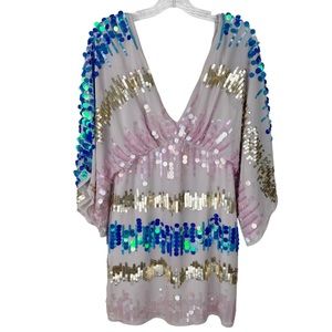 ASOS Kimono Mini Sequin Dress NWT Size 4 Metallic Pink Blue Gold Multi